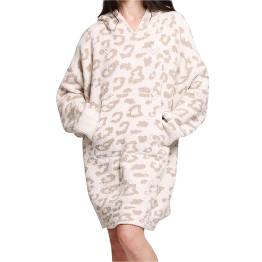 Luxury Soft Wearable Blanket with Hood and Front Pocket - Beige Leopard