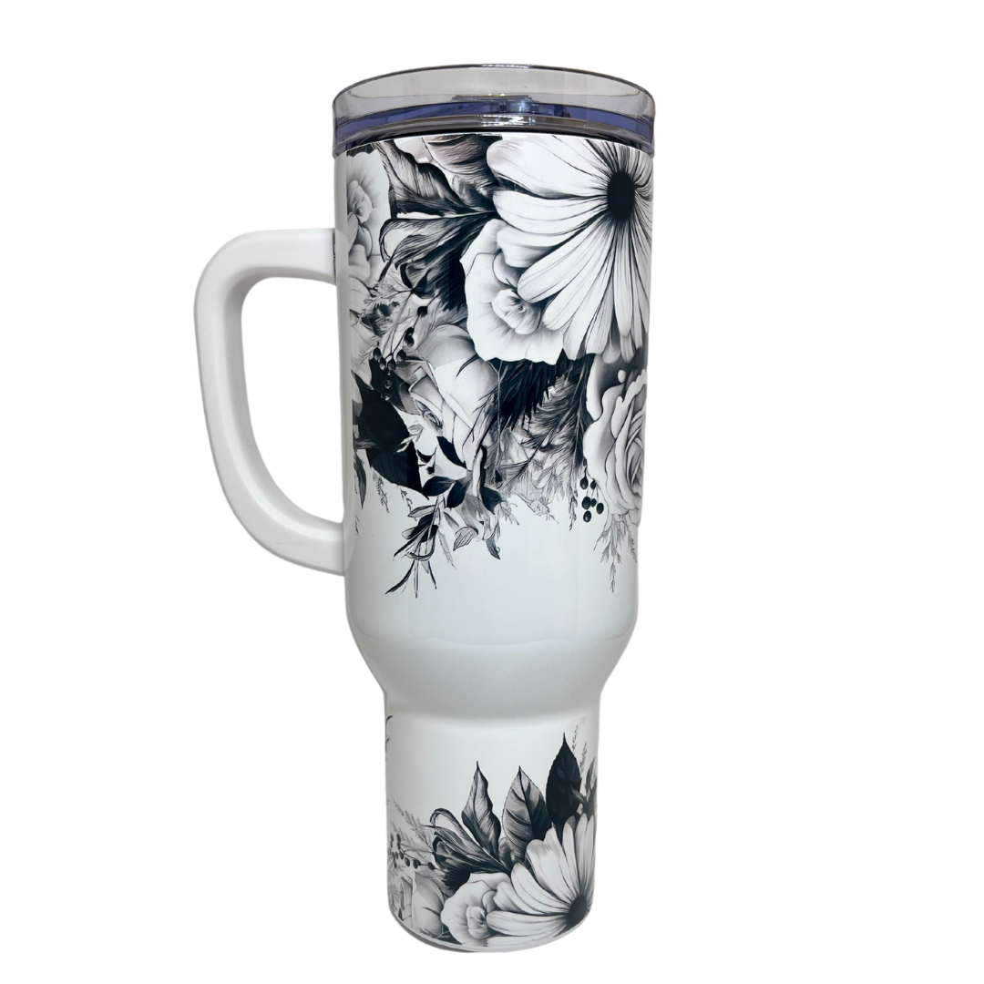 40 OZ TUMBLER - BLACK AND WHITE FLORAL