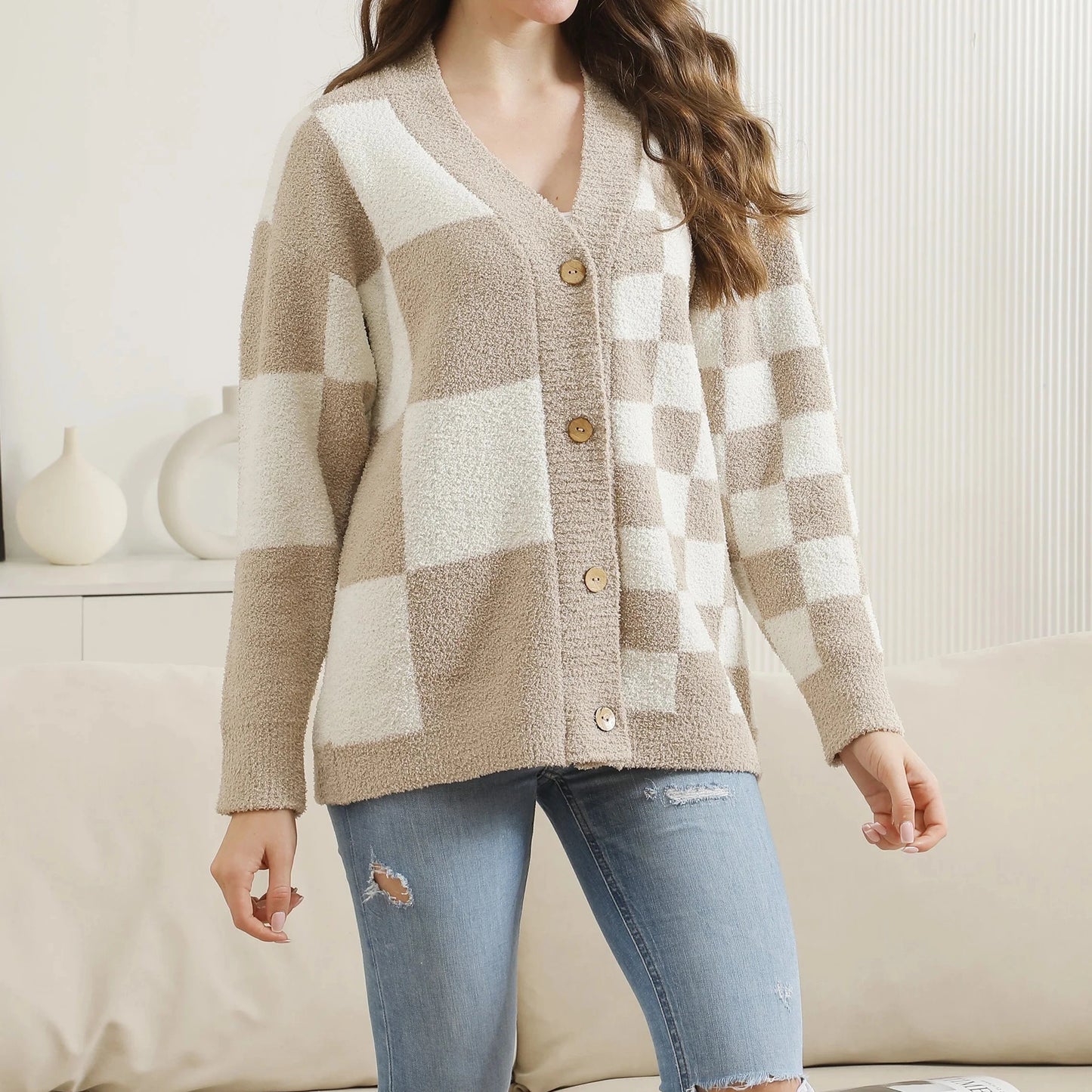 Checkered Pattern Soft Luxury Cardigan with Buttons