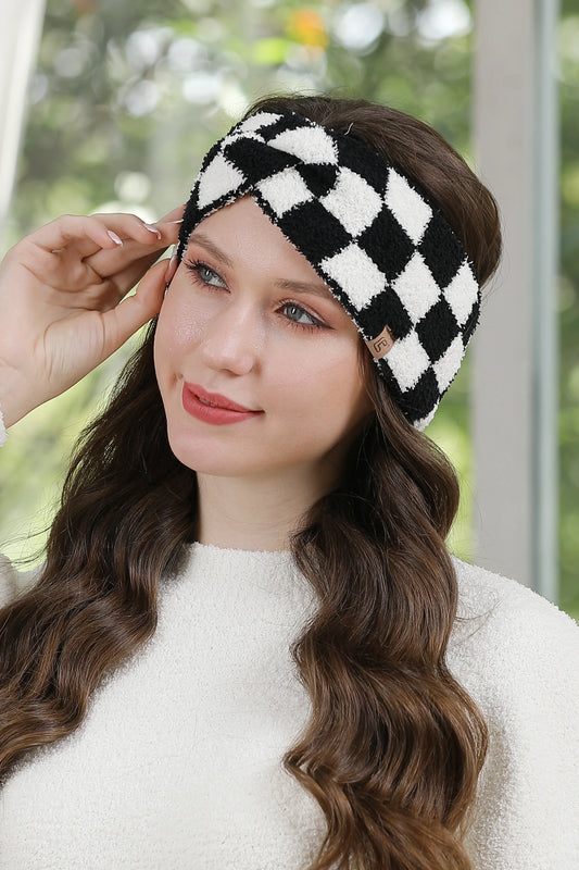 Checkered Soft Twist Knot Headband - Black