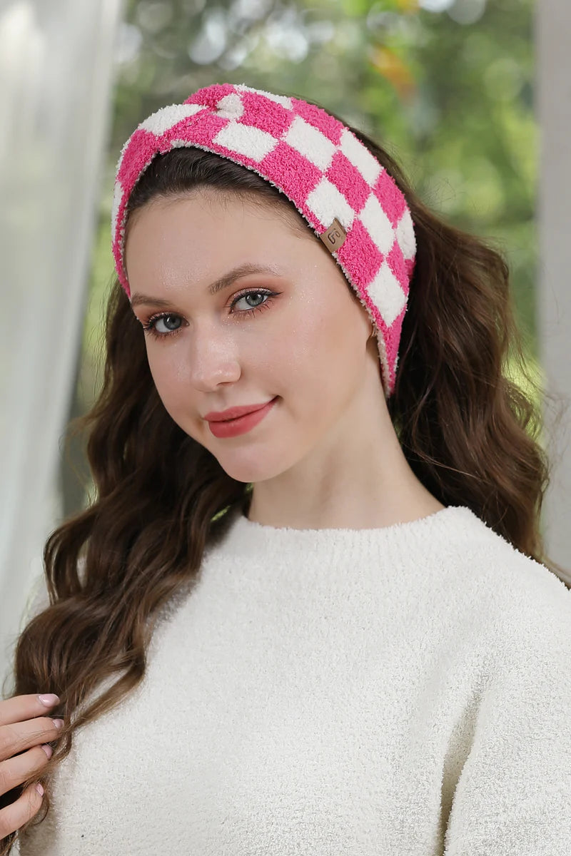 Checkered Soft Twist Knot Headband - Fuchsia