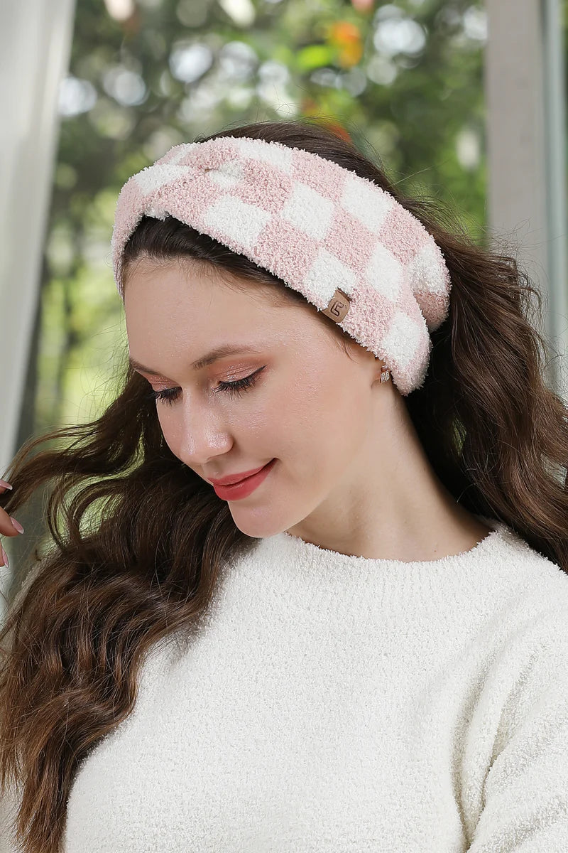 Checkered Soft Twist Knot Headband - Pink