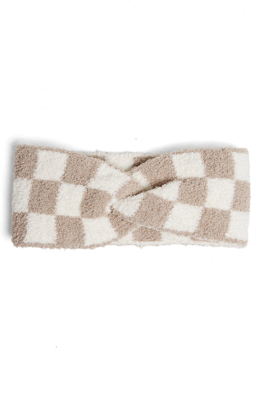 Checkered Soft Twist Knot Headband - Beige