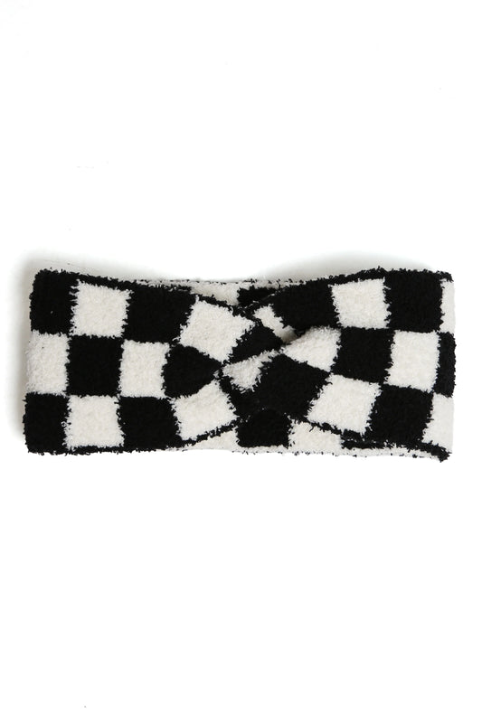 Checkered Soft Twist Knot Headband - Black