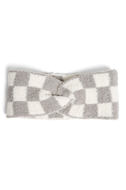 Checkered Soft Twist Knot Headband - Grey